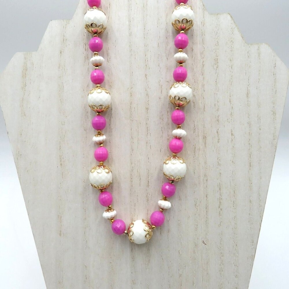 Hong Kong Necklace 24" Plastic‎ Beads Faceted Pink White Gold Tone Filigree Vtg